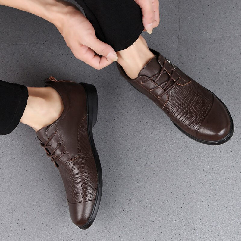 Thumbnail: Men's Derby Shoes Genuine Leather Stitching Classics Black & Brown Shoe Elegant