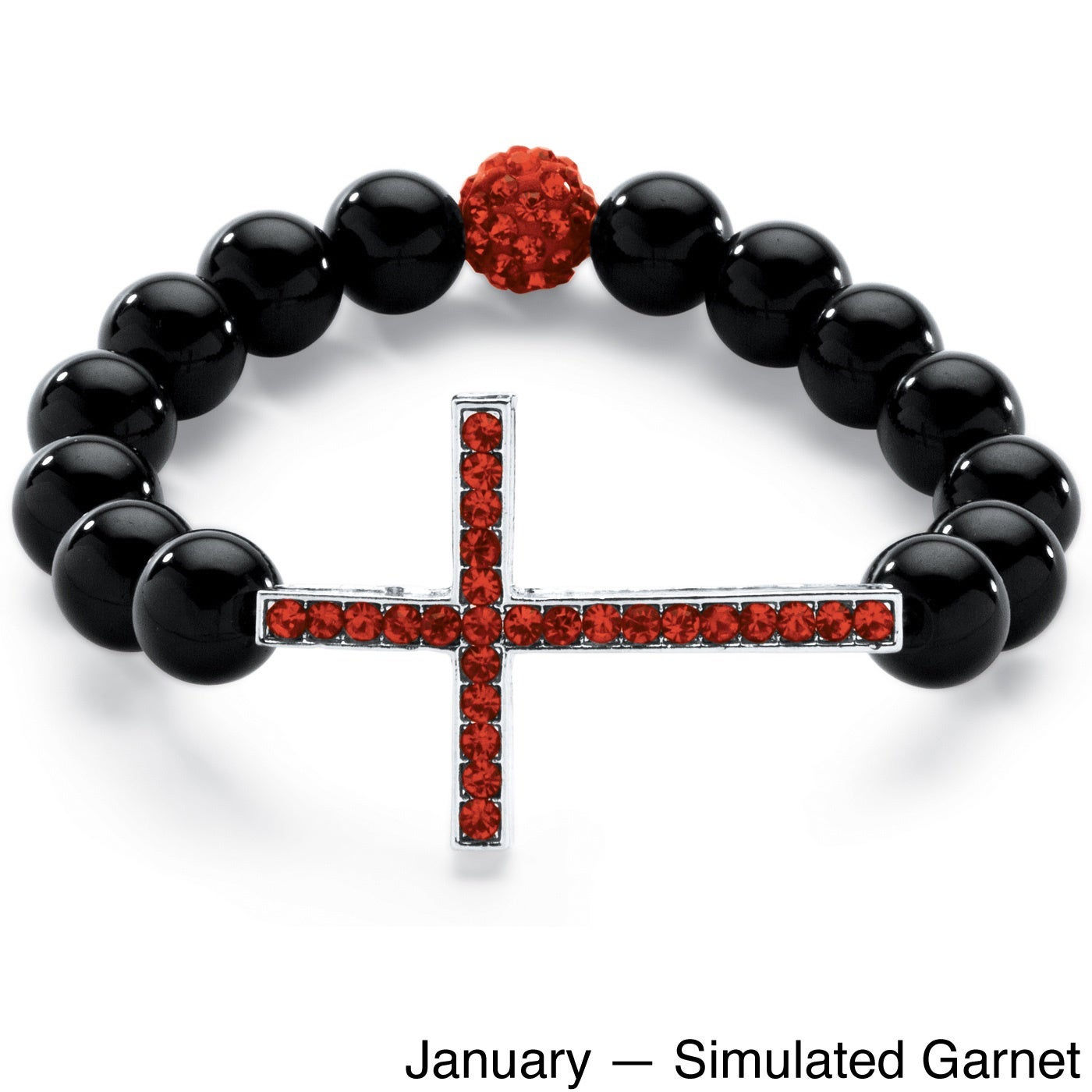 Genuine Onyx Horizontal Birthstone Cross Beaded Stretch Bracelet in Silvertone 