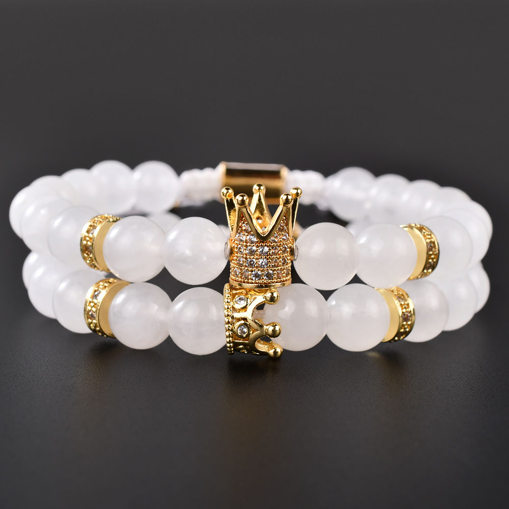 F305 Handmade Crown Charm Classic Natural Stone Milky Jade Beads Bracelets Men