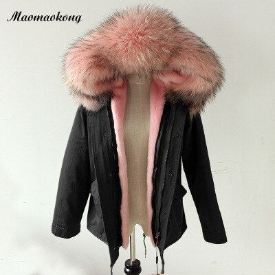 Thumbnail: 100% Real Raccoon Fur Collar Winter Fur Coat Women Camouflage Black Parka