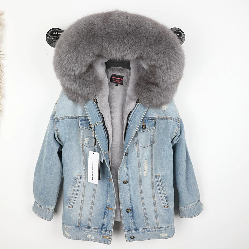 Thumbnail: Natural Rabbit Fur Lined Denim Jacket  Denim Coat  Winter Jacket Women Parka