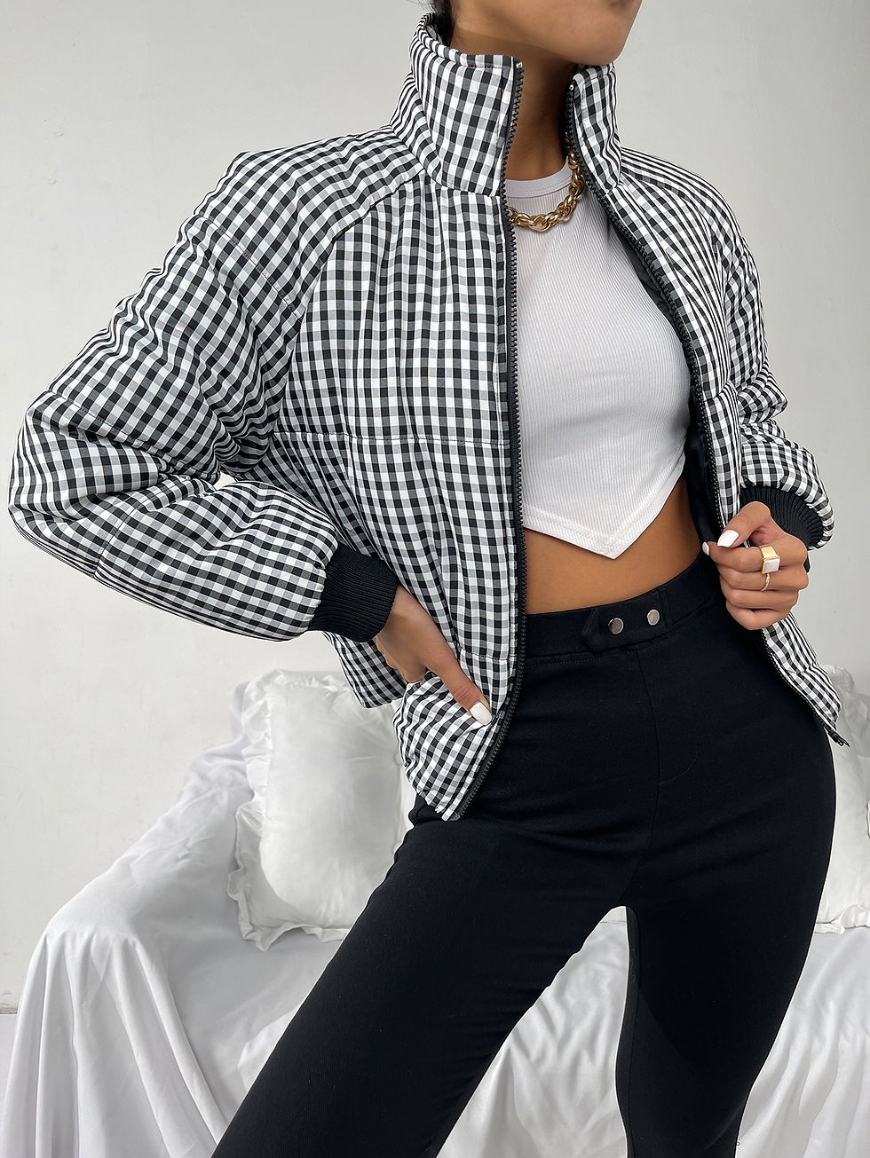 Thumbnail: High Neck Gingham Print Zip Up Winter Coat