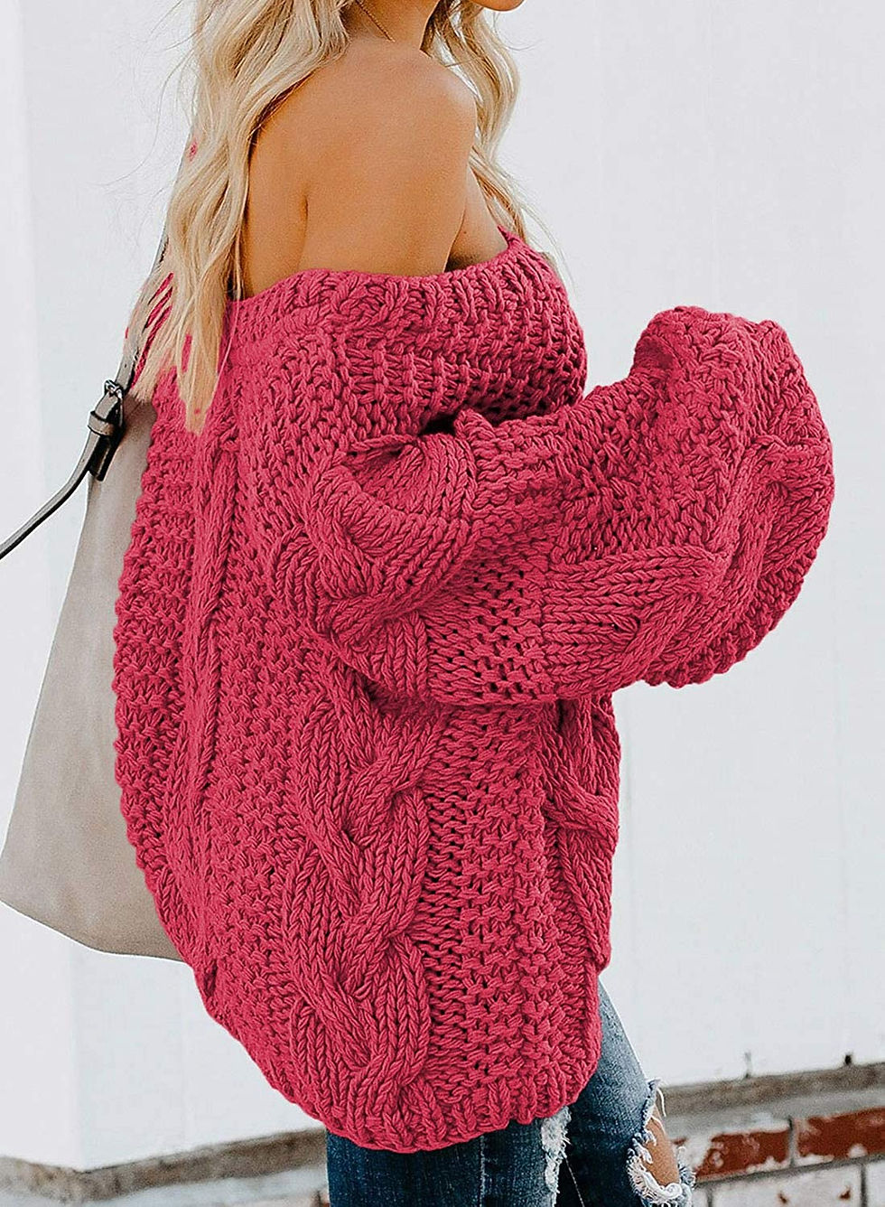Thumbnail: Ecrocoo Women's Off Shoulder Long Sleeve V-Neck Ribbed Cable Pullover Sweaters 