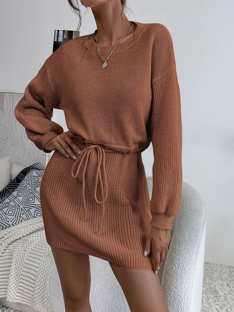 Thumbnail: Ribbed Knit Drop Shoulder Drawstring Waist Sweater Dress