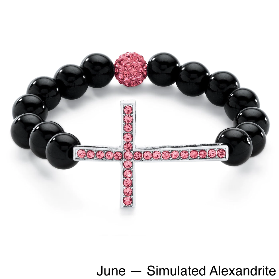 Thumbnail: Genuine Onyx Horizontal Birthstone Cross Beaded Stretch Bracelet in Silvertone 