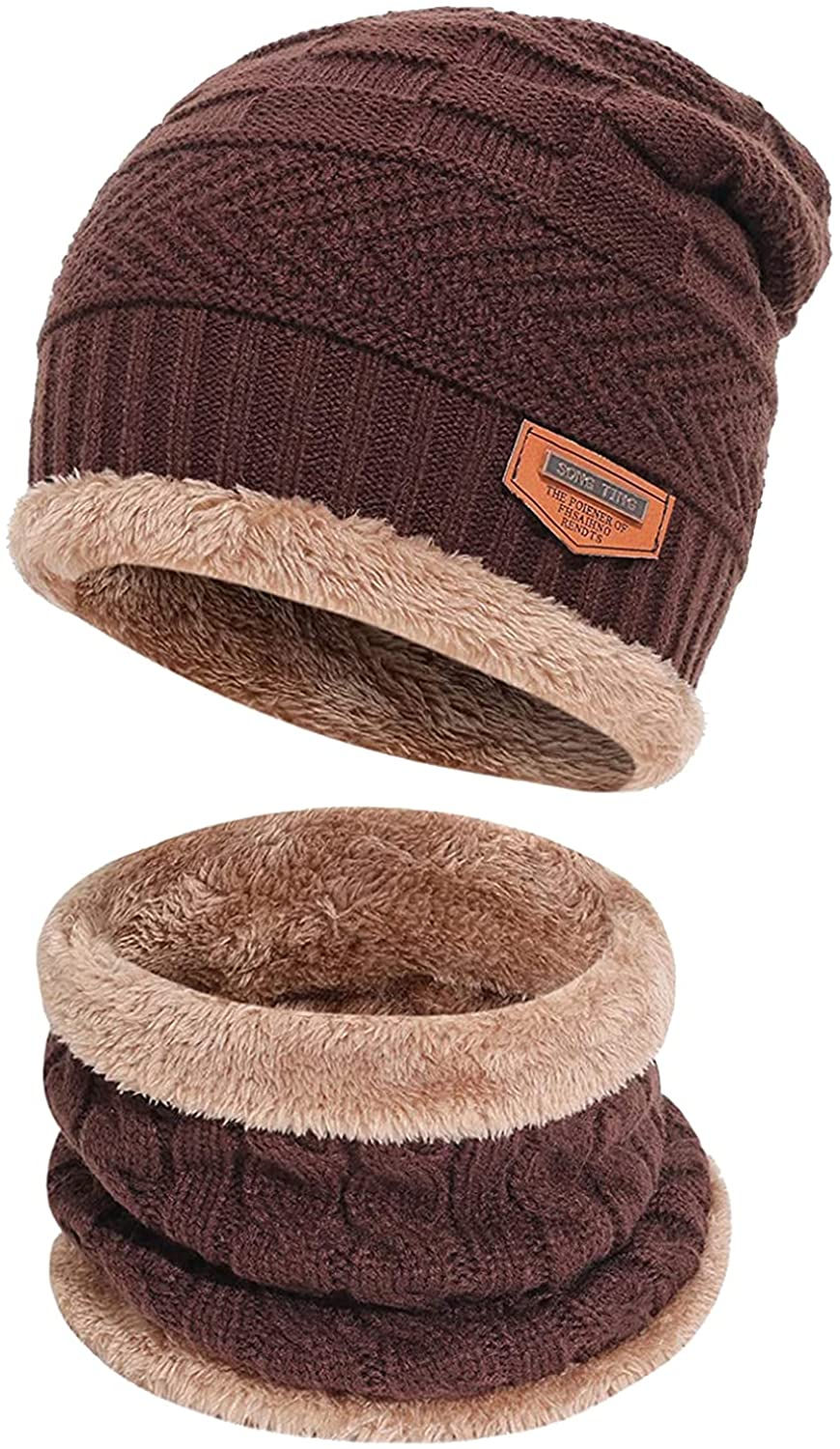 Thumbnail: Mens Womens Winter Beanie Hat Scarf Set Warm Knit Hat Thick Fleece Lined Winter