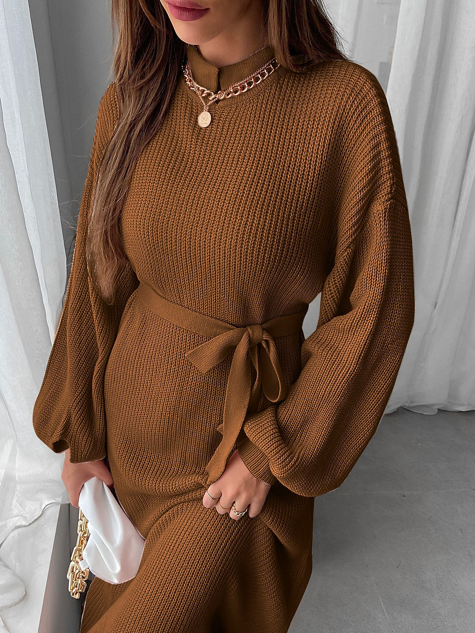 Thumbnail: Lantern Sleeve Mock Neck Belted Sweater Dress