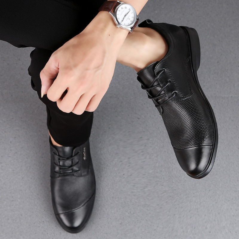 Thumbnail: Men's Derby Shoes Genuine Leather Stitching Classics Black & Brown Shoe Elegant