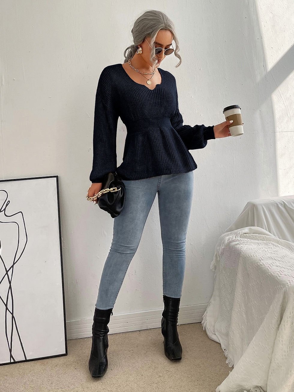 Thumbnail: Notched Neck Bishop Sleeve Ribbed Knit Sweater