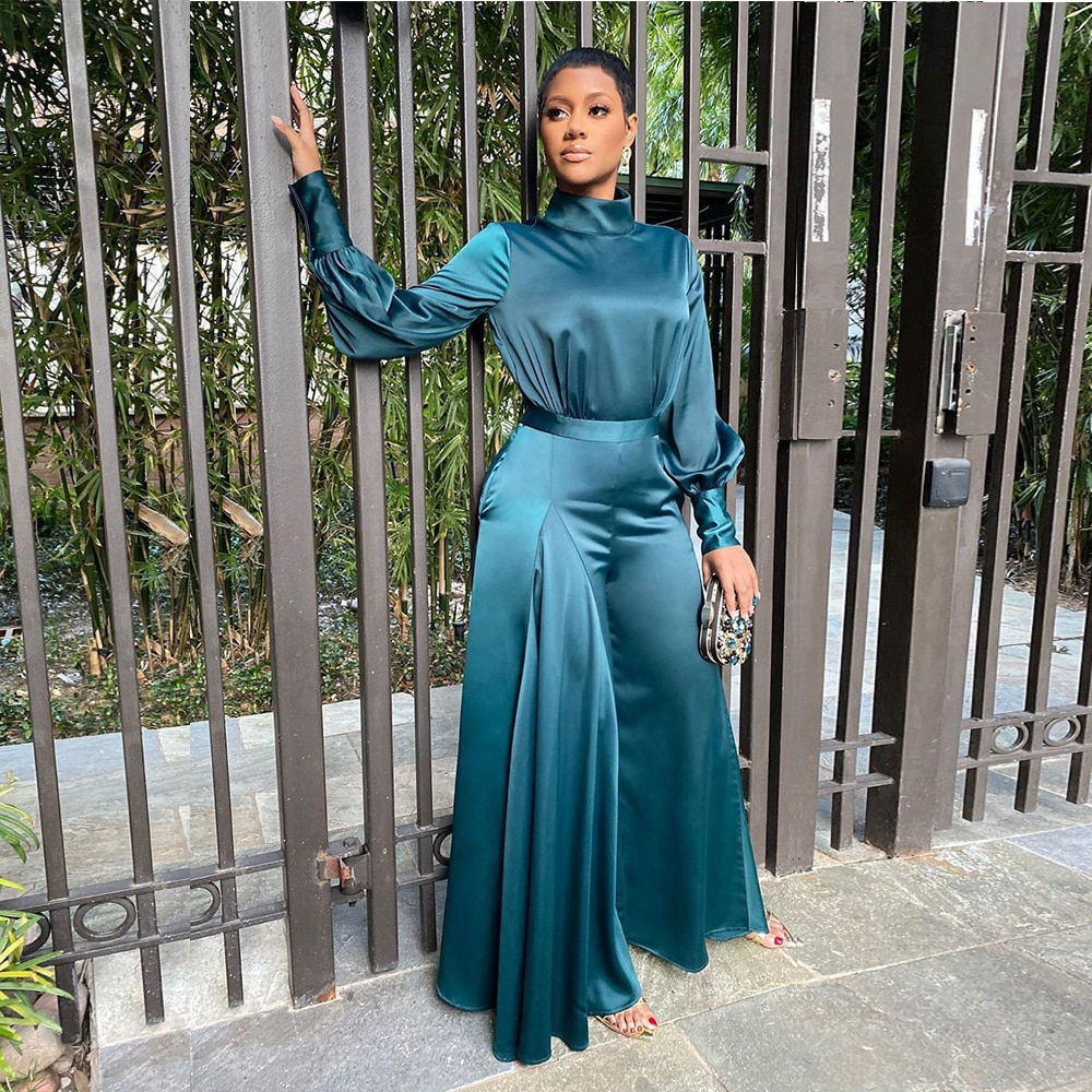 Jumpsuits Women Blue Satin Long Sleeve High Waist Wide Leg Jumpsuit/Rompers