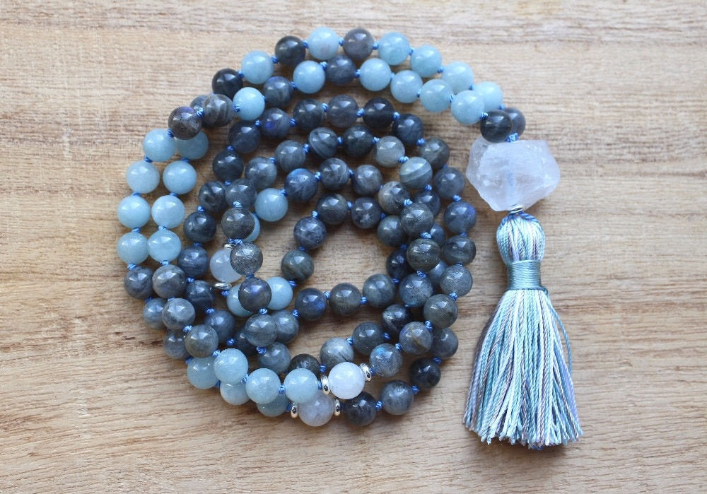 Natural Labradorite 108 Mala Bead, Meditation Mala Hand Knotted Prayer Necklace