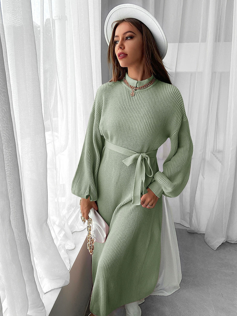 Thumbnail: Lantern Sleeve Mock Neck Belted Sweater Dress