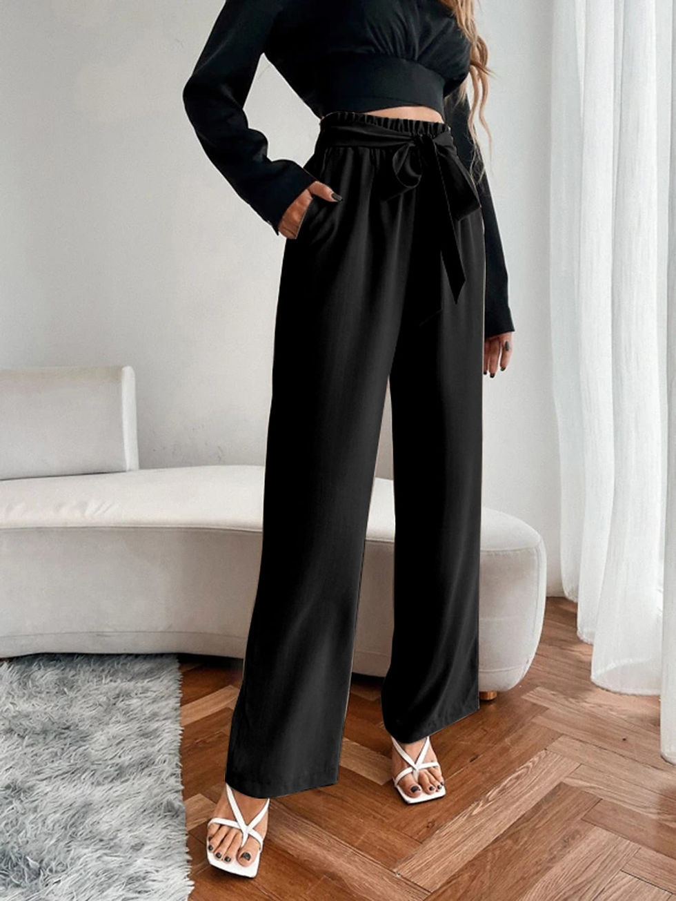 Thumbnail: Paperbag Waist Slant Pocket Wide Leg Belted Pants