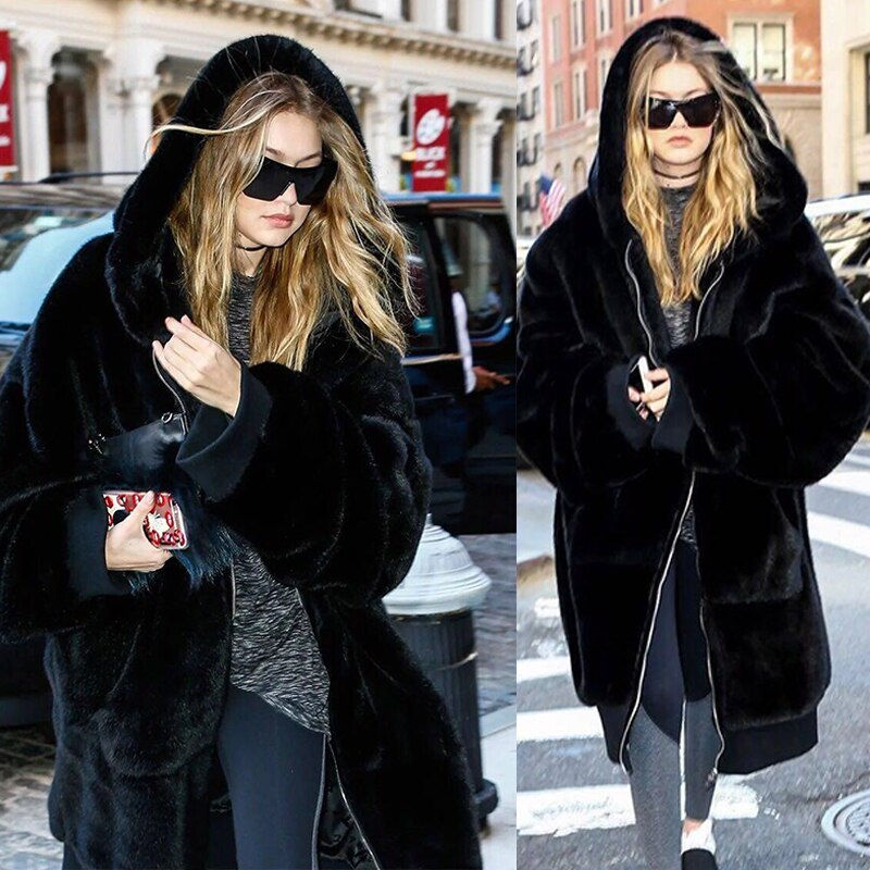 Thumbnail: Faux Fur Coat Women  Long Warm Faux Fur  Coat Casual Hoodies Loose Pocket s