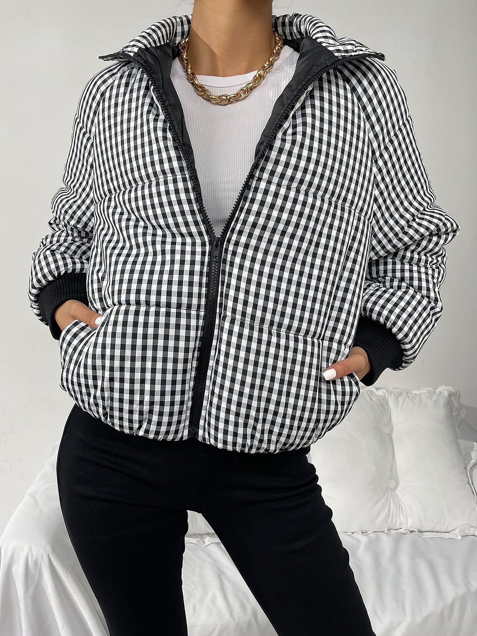 Thumbnail: High Neck Gingham Print Zip Up Winter Coat