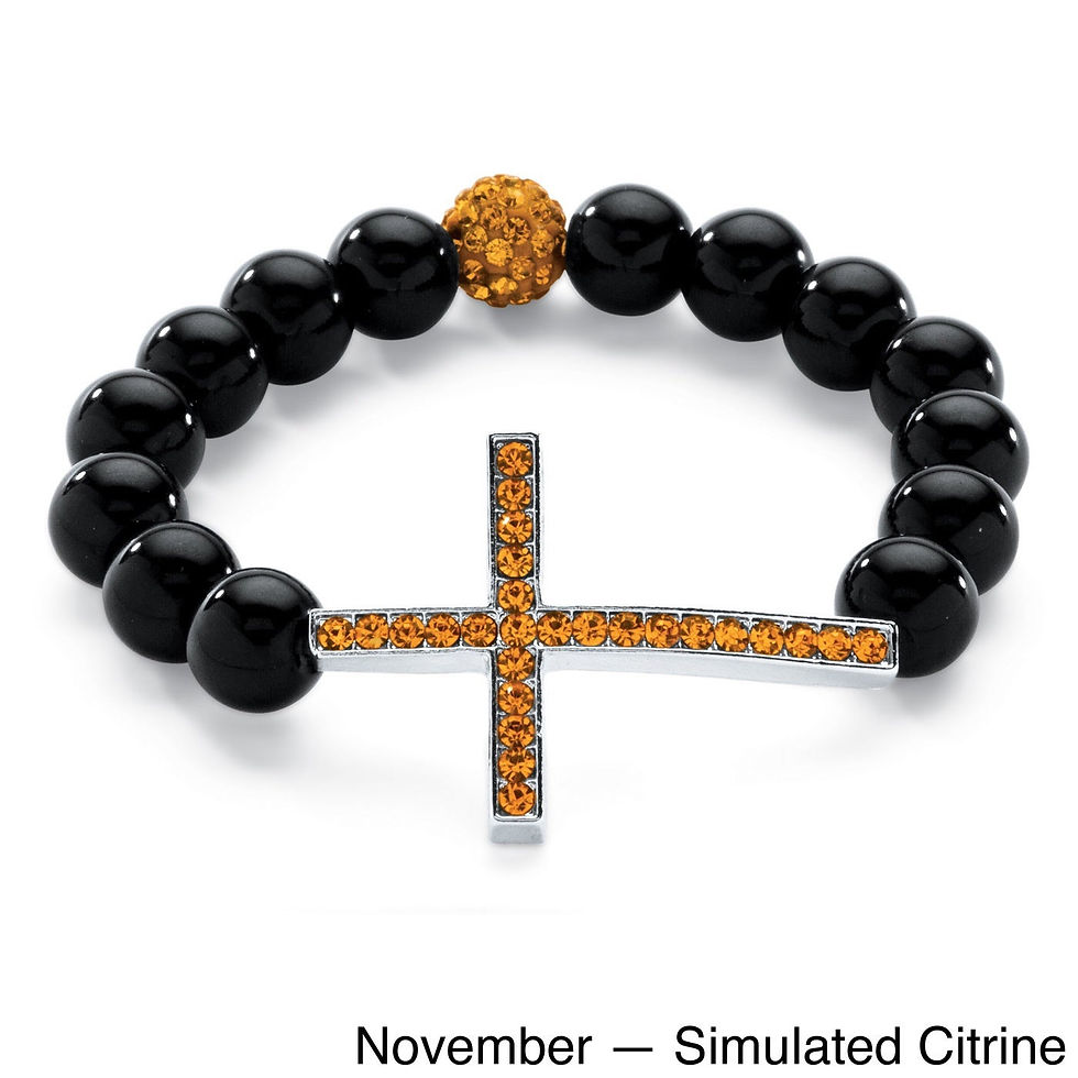 Thumbnail: Genuine Onyx Horizontal Birthstone Cross Beaded Stretch Bracelet in Silvertone 