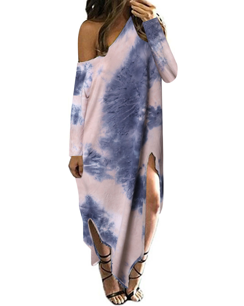 Thumbnail: Womens Long Sleeve Off Shoulder Tie-dye Print Side Split Round Neck Long Maxi D