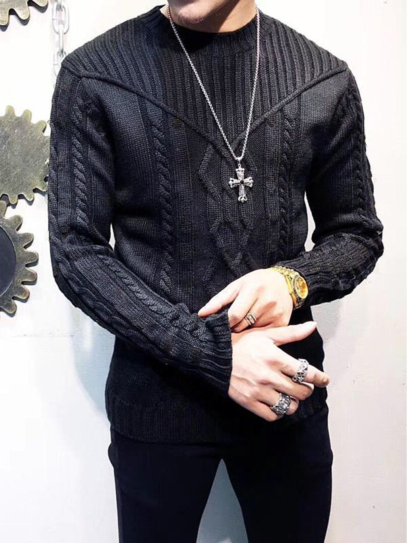 Men Solid Ribbed Knit Sweater