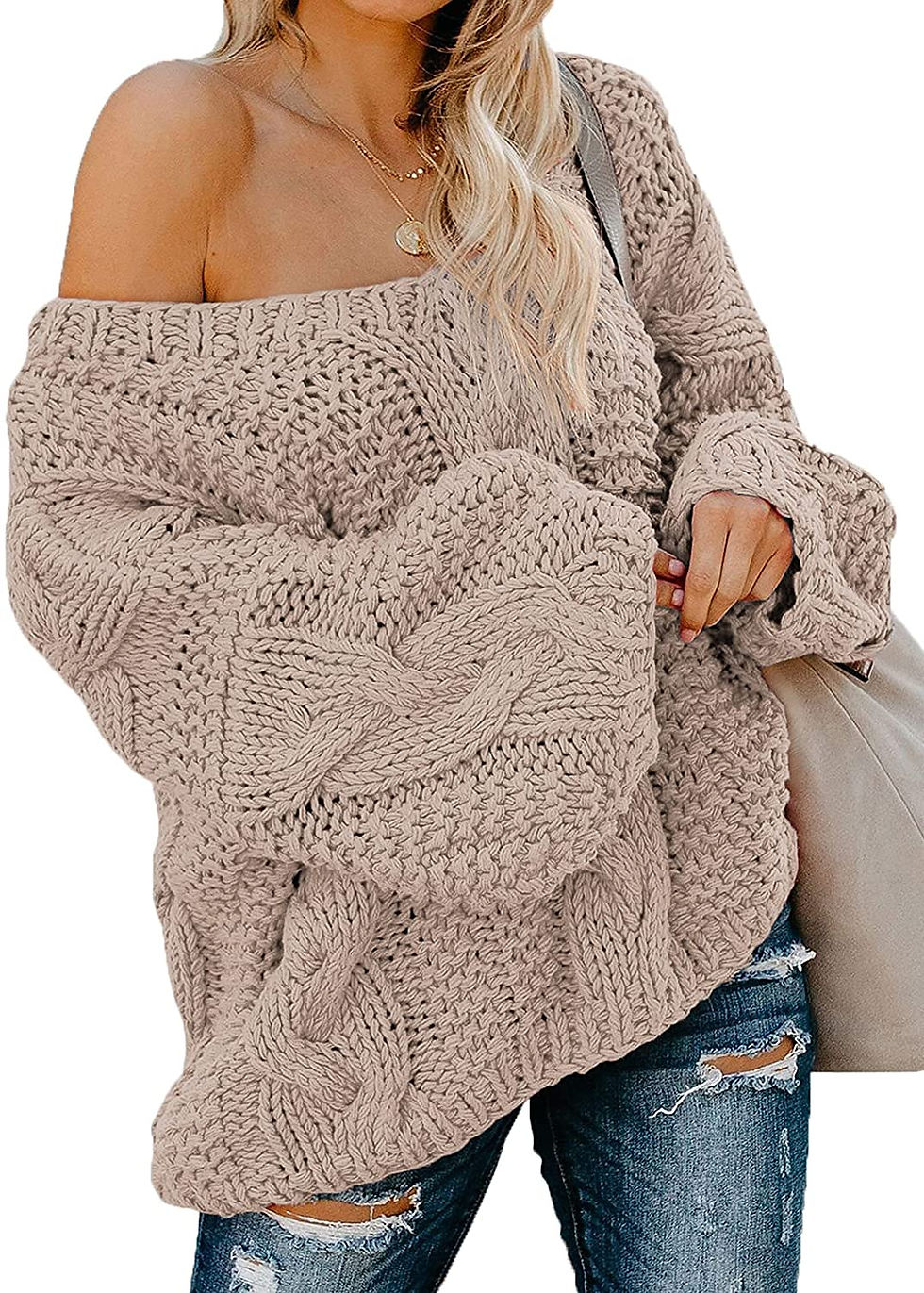 Thumbnail: Ecrocoo Women's Off Shoulder Long Sleeve V-Neck Ribbed Cable Pullover Sweaters 