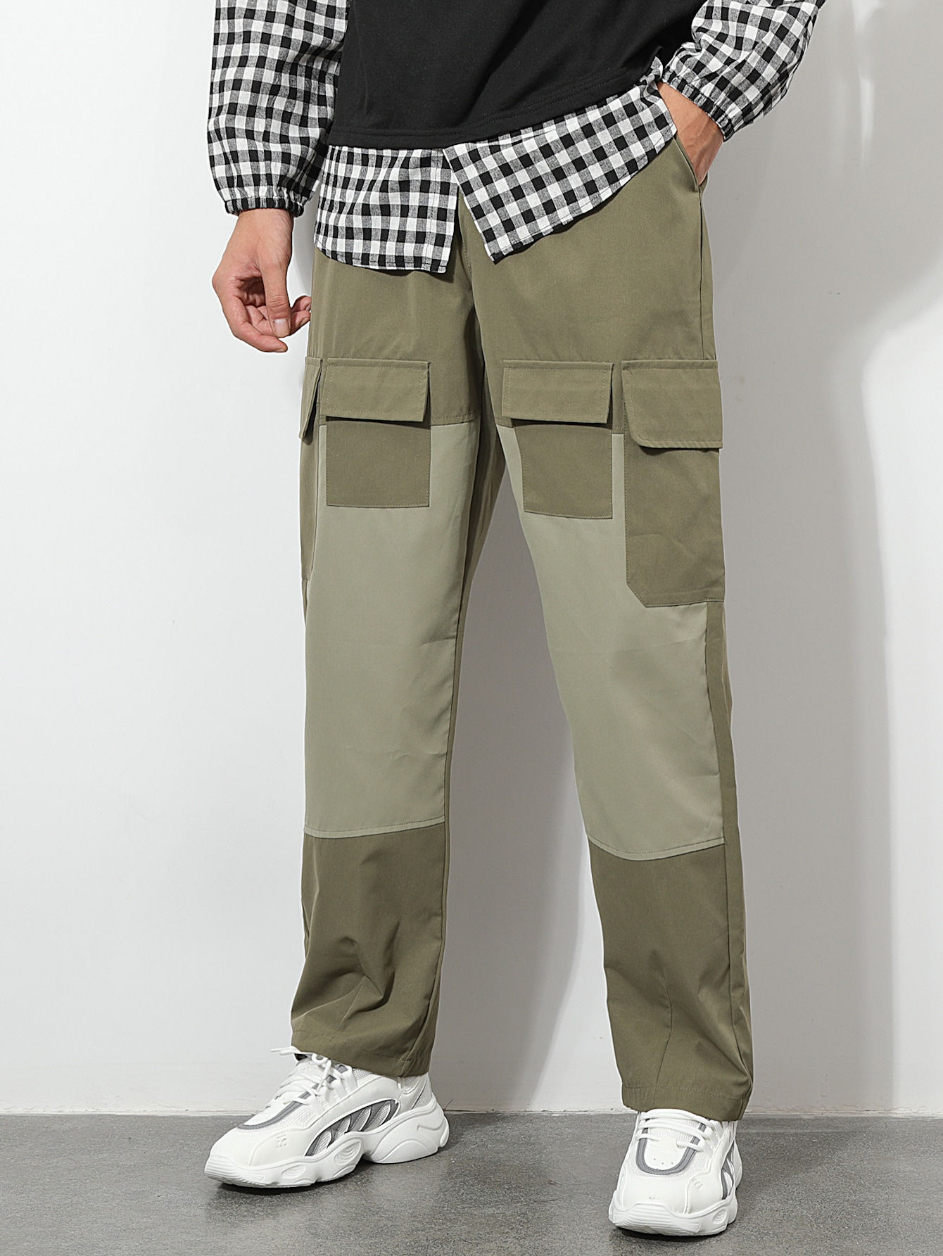 Men Colorblock Flap Pocket Cargo Pants