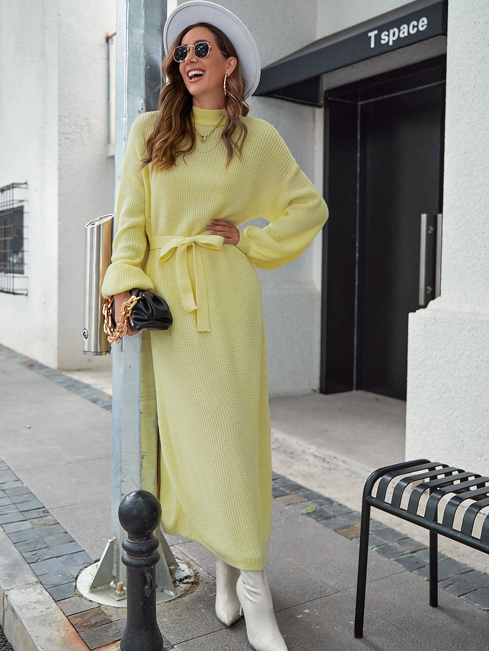 Thumbnail: Lantern Sleeve Mock Neck Belted Sweater Dress