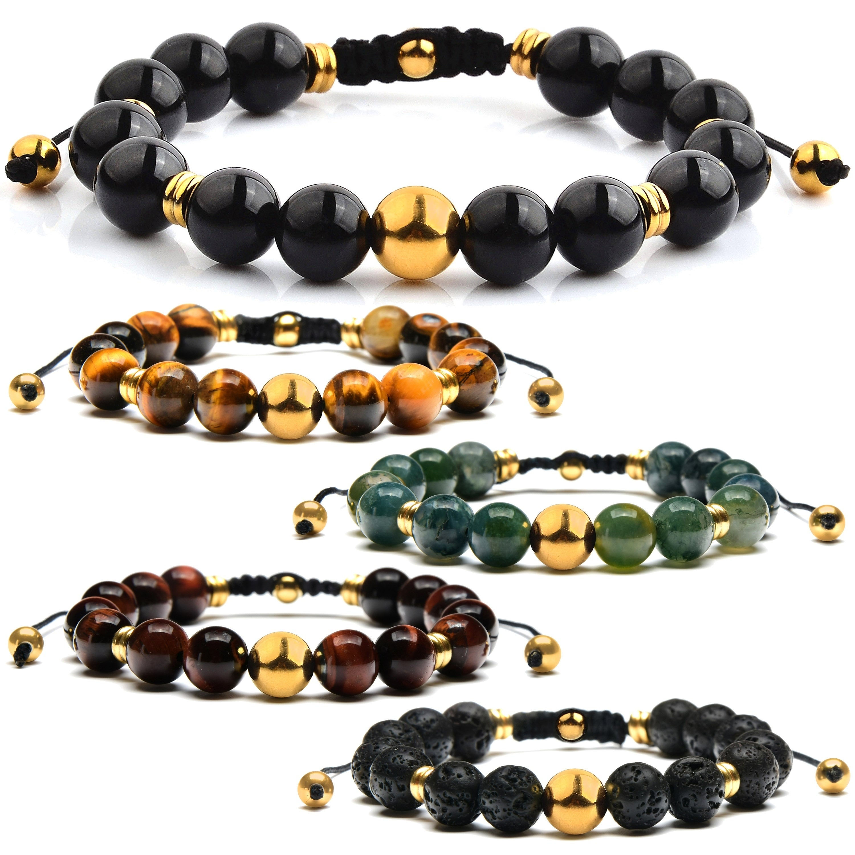 Gold Plated Stainless Steel Natural Stone Adjustable Bracelet (10mm)
