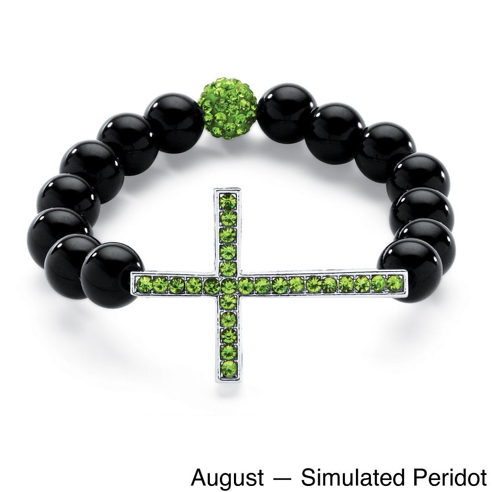 Thumbnail: Genuine Onyx Horizontal Birthstone Cross Beaded Stretch Bracelet in Silvertone 