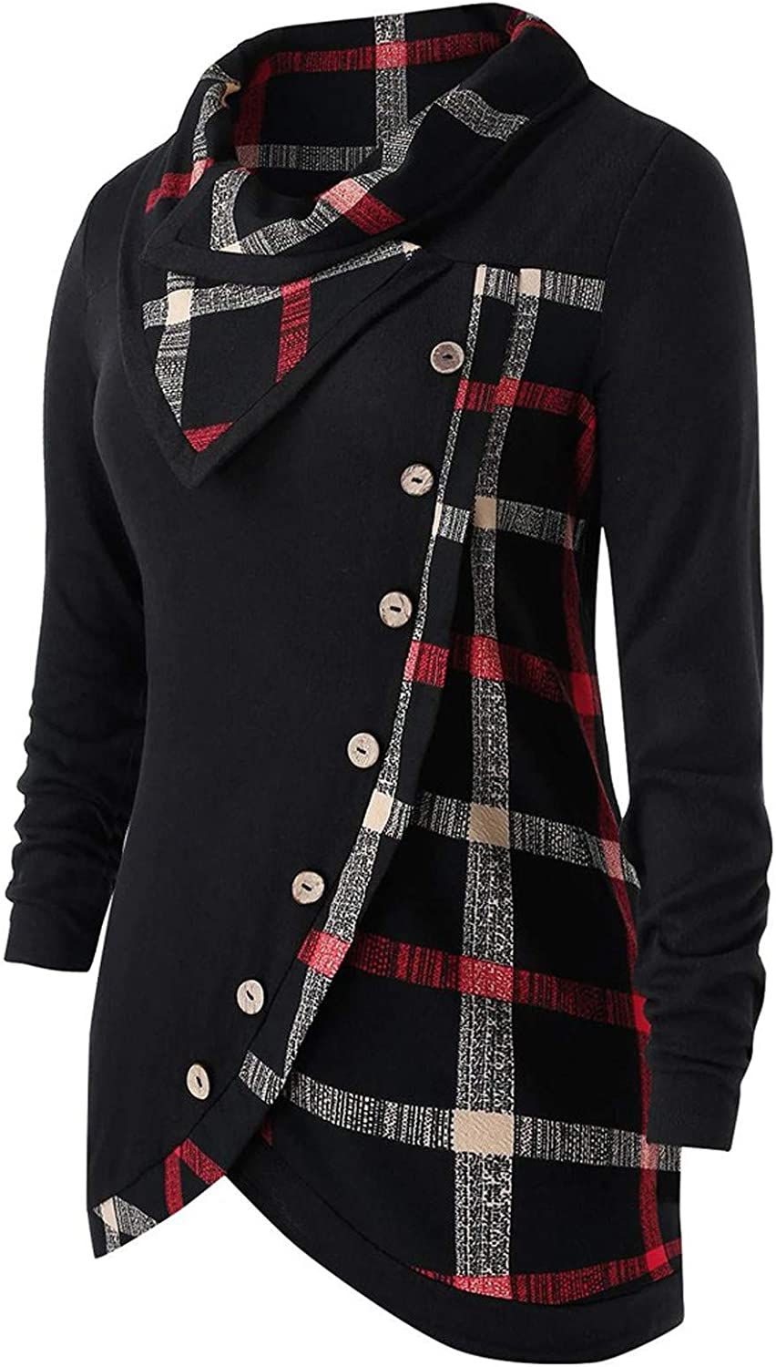 Thumbnail: Women Casual Long Hoodie Pullover Long Sleeve Cowl Neck Plaid Button Blouse Bod