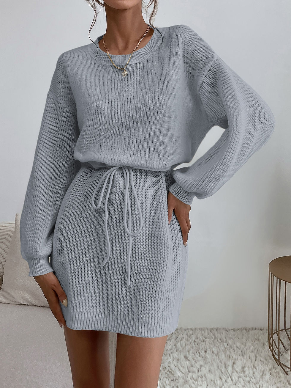 Thumbnail: Ribbed Knit Drop Shoulder Drawstring Waist Sweater Dress