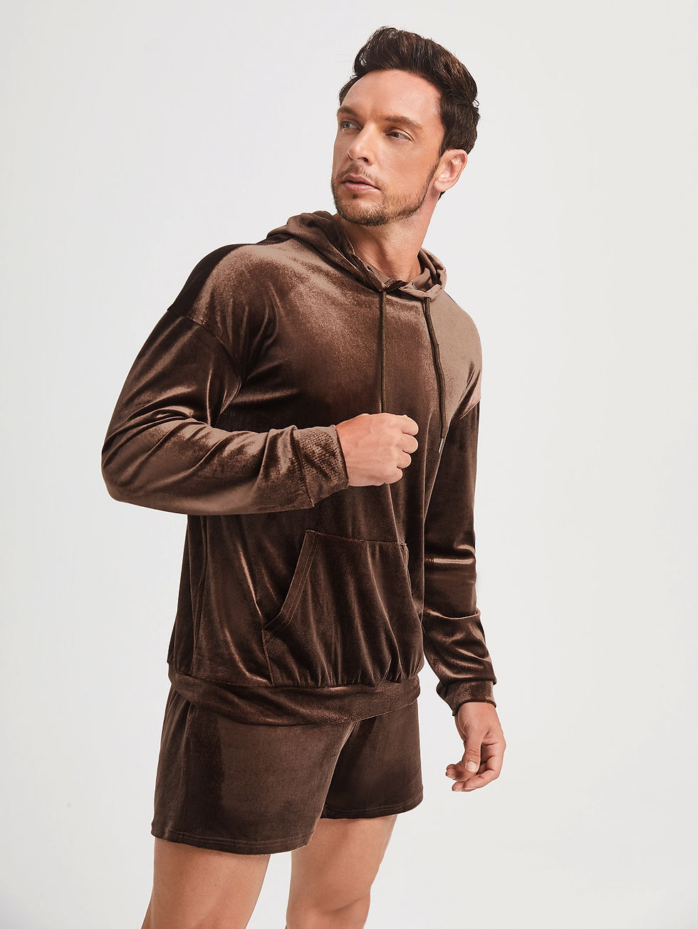 Thumbnail: SHEIN Men Kangaroo Pocket Drop Shoulder Drawstring Velvet Hoodie & Shorts
