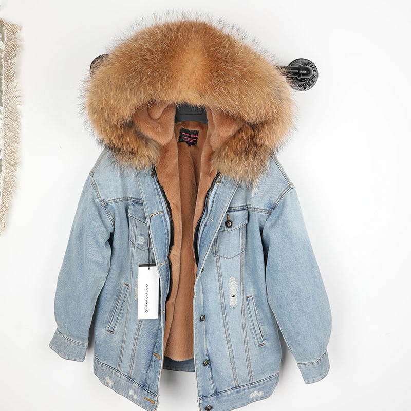 Thumbnail: Natural Rabbit Fur Lined Denim Jacket  Denim Coat  Winter Jacket Women Parka