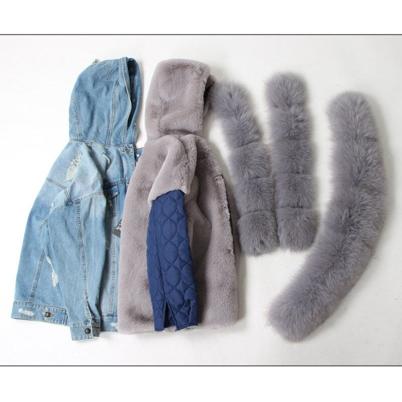 Thumbnail: Natural Rabbit Fur Lined Denim Jacket  Denim Coat  Winter Jacket Women Parka