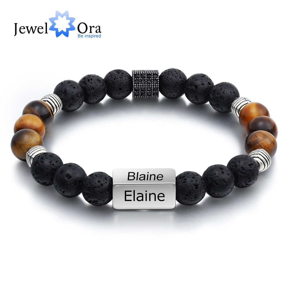 Personalized Mens Bracelet Customize Engraved 4 Names Men Beaded Chain Bracelet