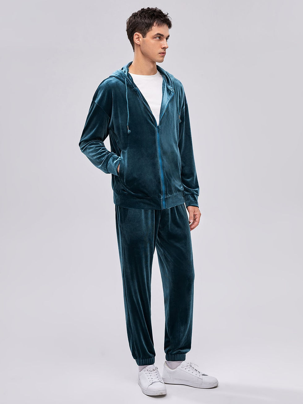 Thumbnail: UNISEX 1pc Letter Embroidery Drop Shoulder Drawstring Hooded Velvet Coat & 1pc 