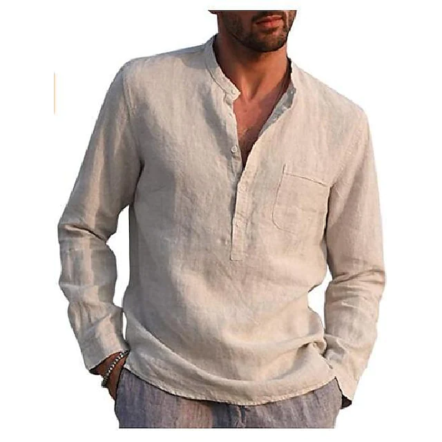 Thumbnail: Men's Shirt Solid Color Pocket Long Sleeve Street Tops Cotton Lightweight Casua