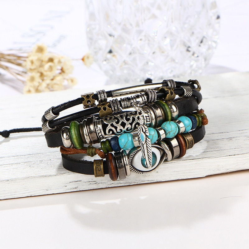 Thumbnail: CHENFAN Eye Bracelet Beaded Leather Set, Retro Hollow Carved