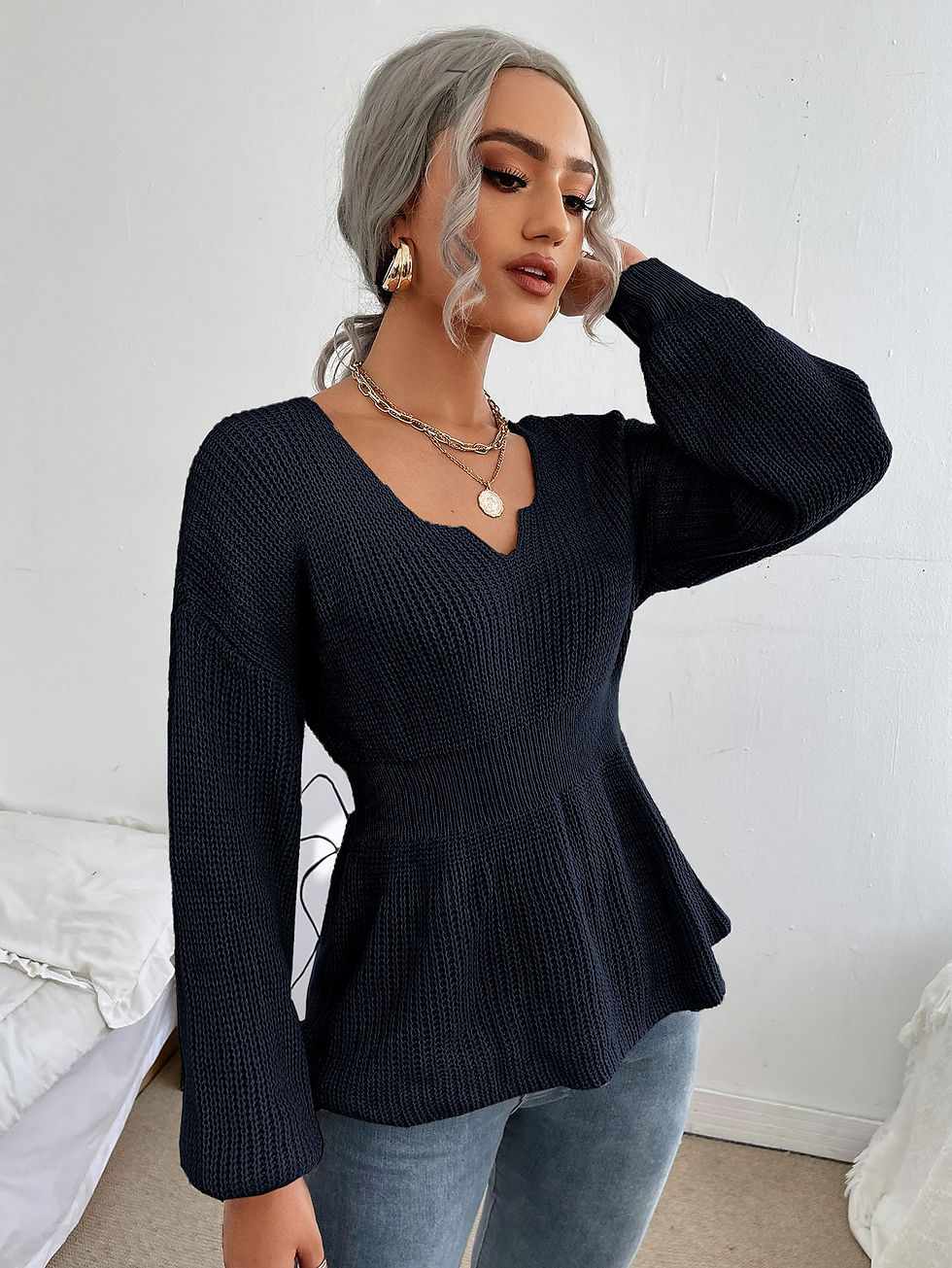 Thumbnail: Notched Neck Bishop Sleeve Ribbed Knit Sweater