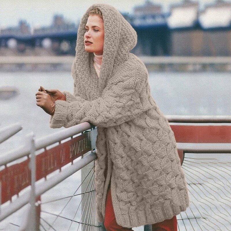Thumbnail: Hooded Knitted Sweater Women Elegant Candy Colors Oversized Cardigan Ladies Win