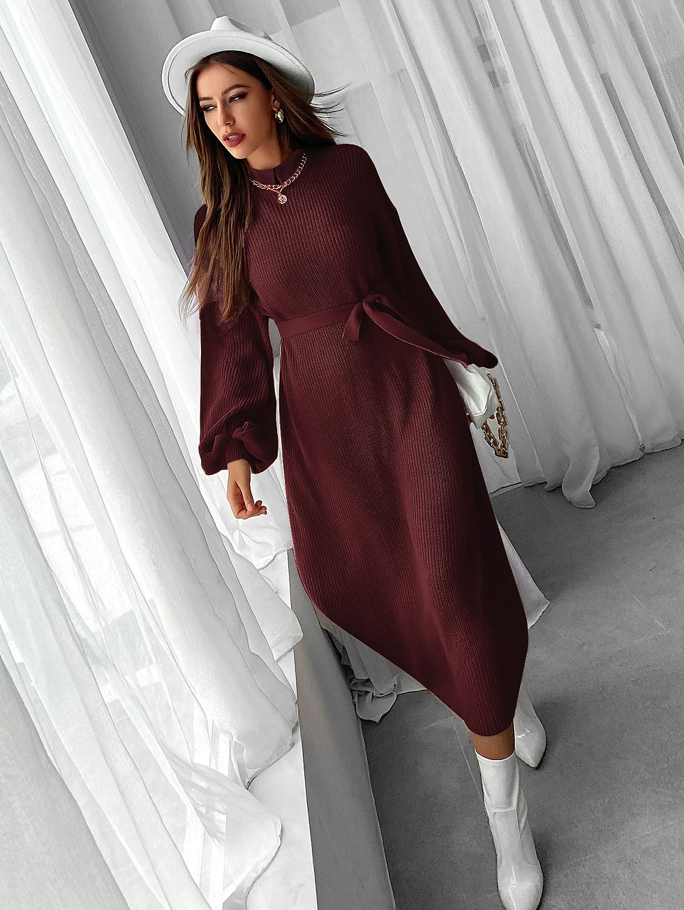 Thumbnail: Lantern Sleeve Mock Neck Belted Sweater Dress