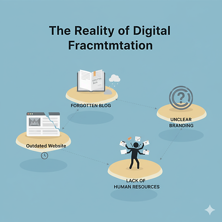 デジタル分断の現実 ― Outdated Website, Forgotten Blog, Unclear Branding, Lack of Human Resources を示す図。共感WORKが解決する企業のデジタル課題を象徴。
