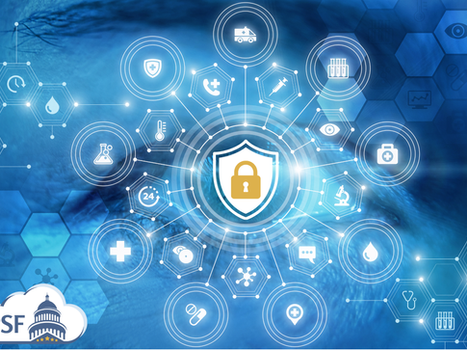 Tiered diagram of health technology systems converging on a central shield and lock, symbolizing the layered security and regulatory responsibilities in public sector healthcare.