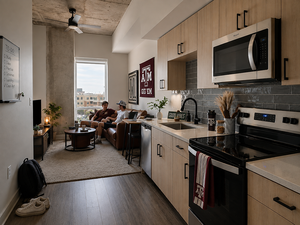 Modern student apartment cleaning membership with tidy kitchen.