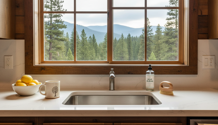 Eye-level view of a freshly cleaned kitchen counter in a mountain cabin.
