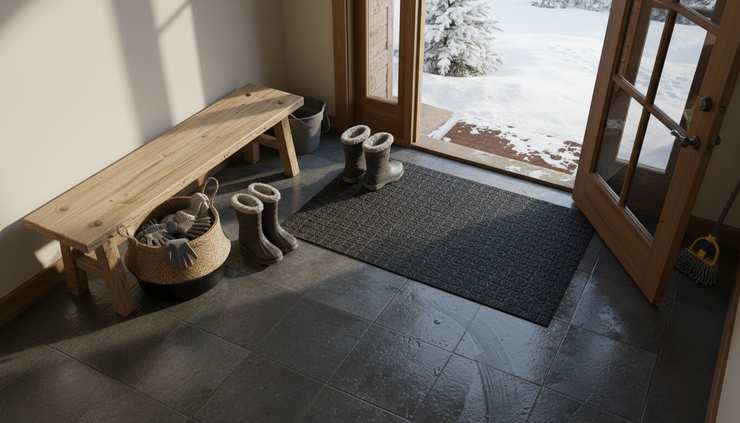 Overhead view of a clean entryway with boots on a mat near a snowy doorway.