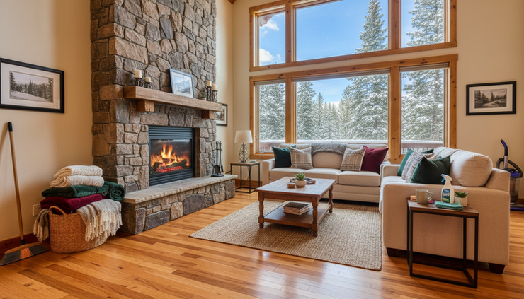 Wide-angle view of a bright mountain living room with clean wood floors and snowy windows.
