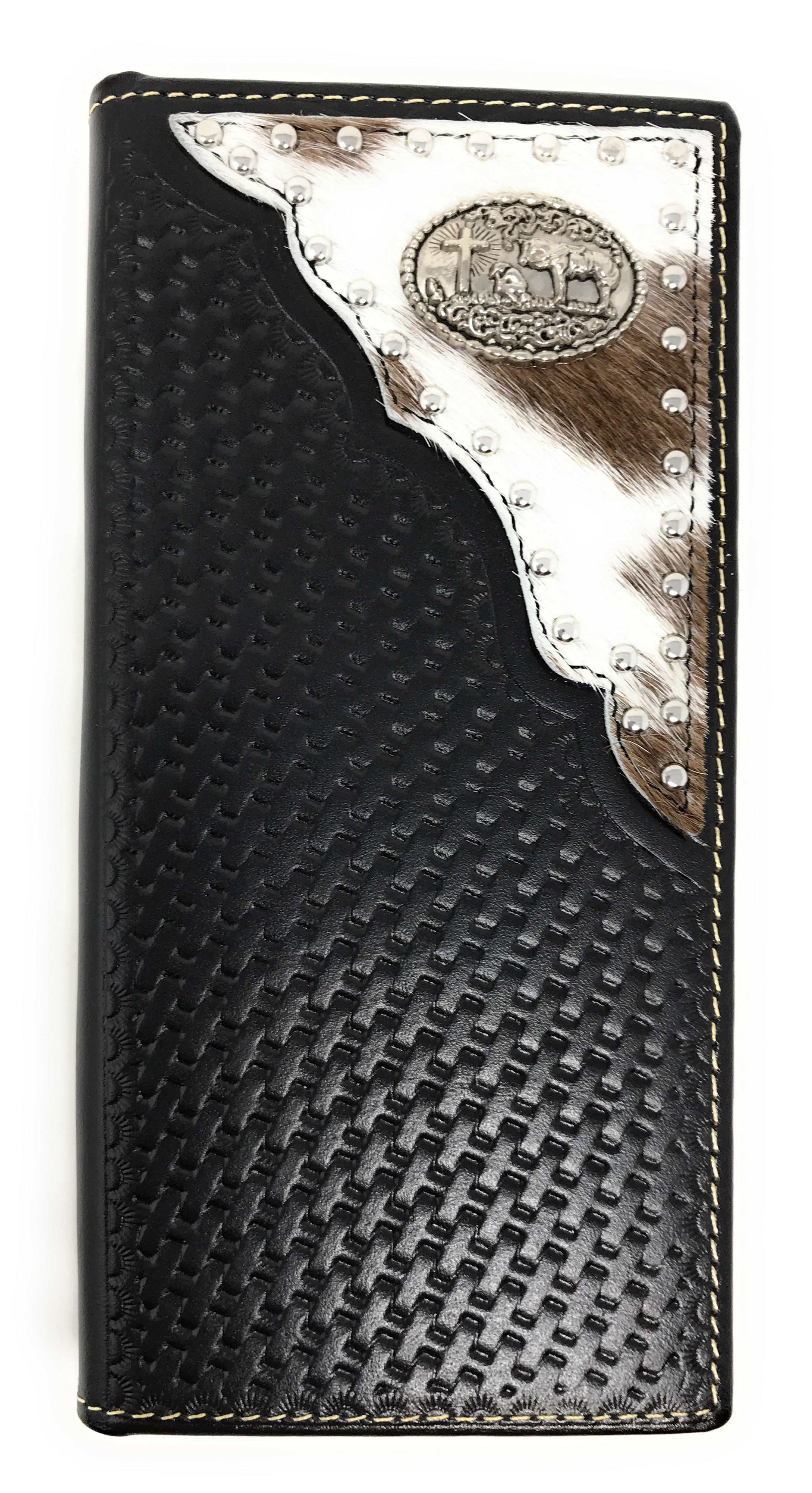 Western Men's Basketweave Genuine Leather Praying Cowboy Stud Bifold Wallet