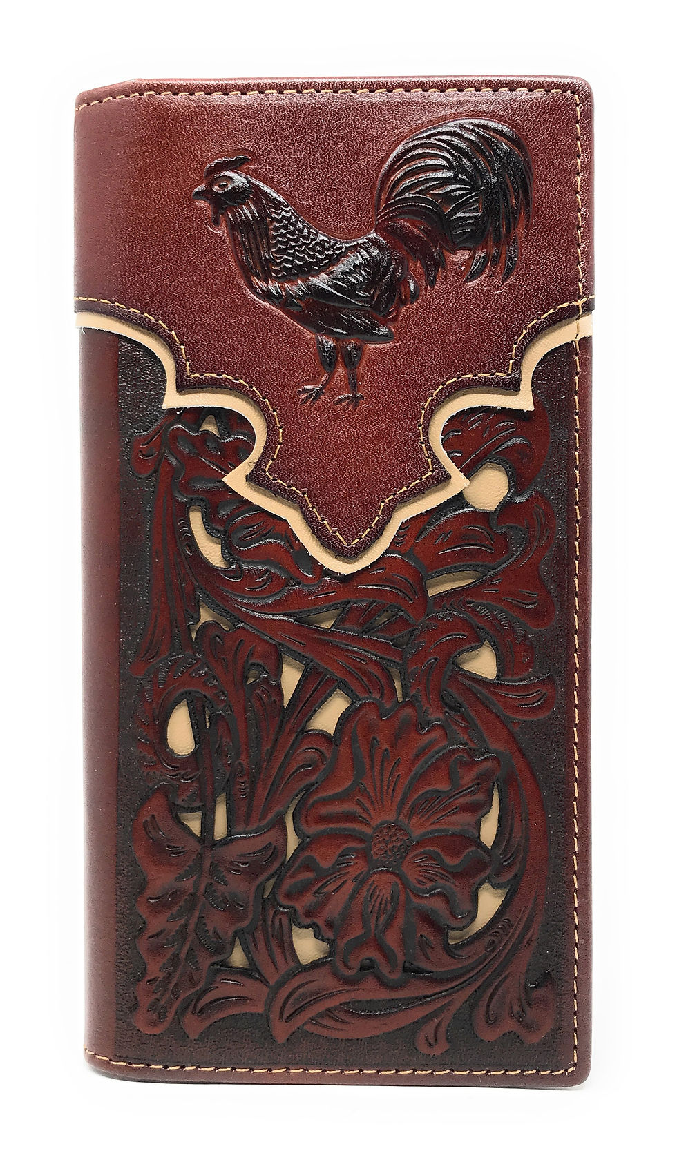 Thumbnail: Western Leather Rooster Tooled Laser Cut Men's Long Bifold Wallet in 4 colors