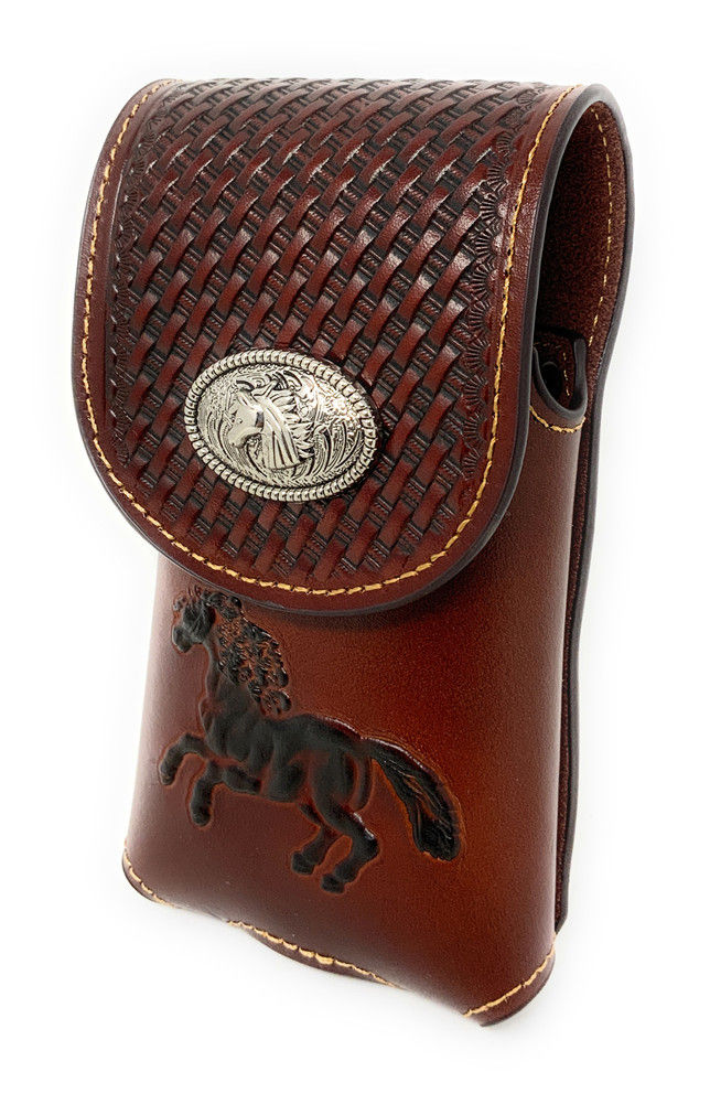 Thumbnail: Basketweave Leather Multi Emblem Concho Belt Loop Cellphone Holster Case