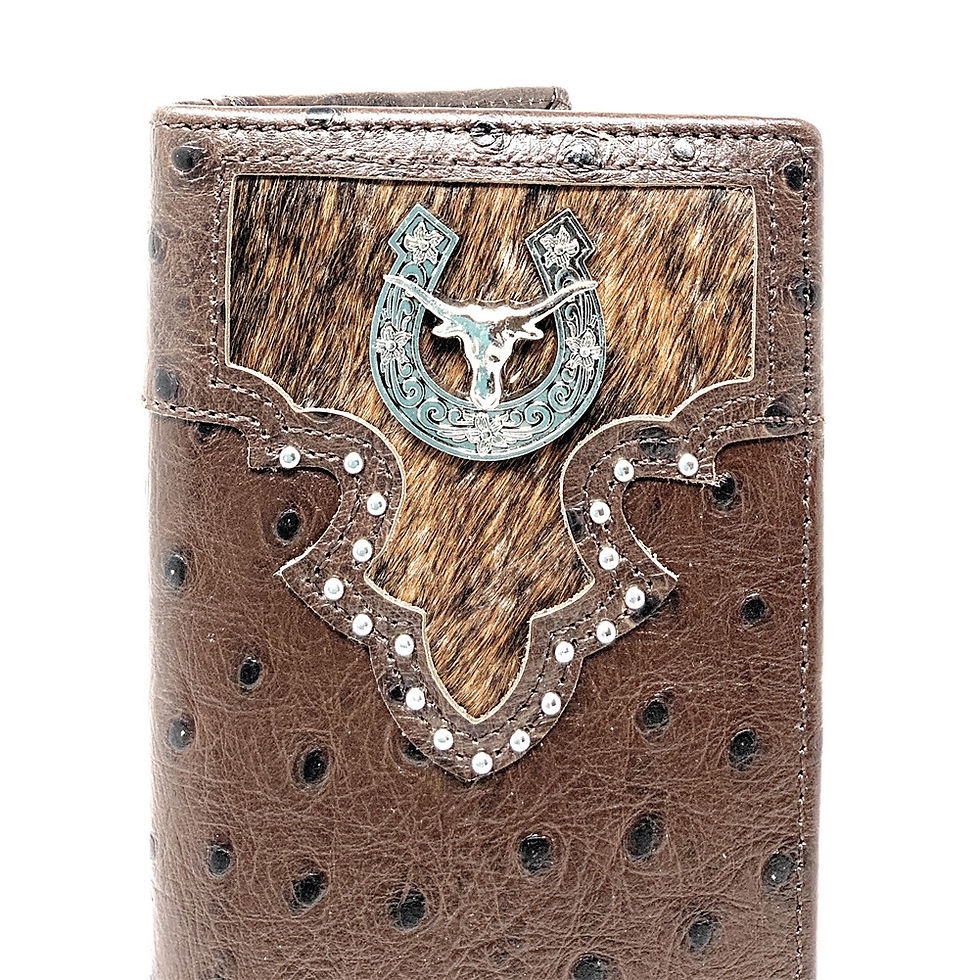 Thumbnail: Western Men's Cow Fur Genuine Leather Ostrich Longhorn Bifold Wallet in 2 Colors