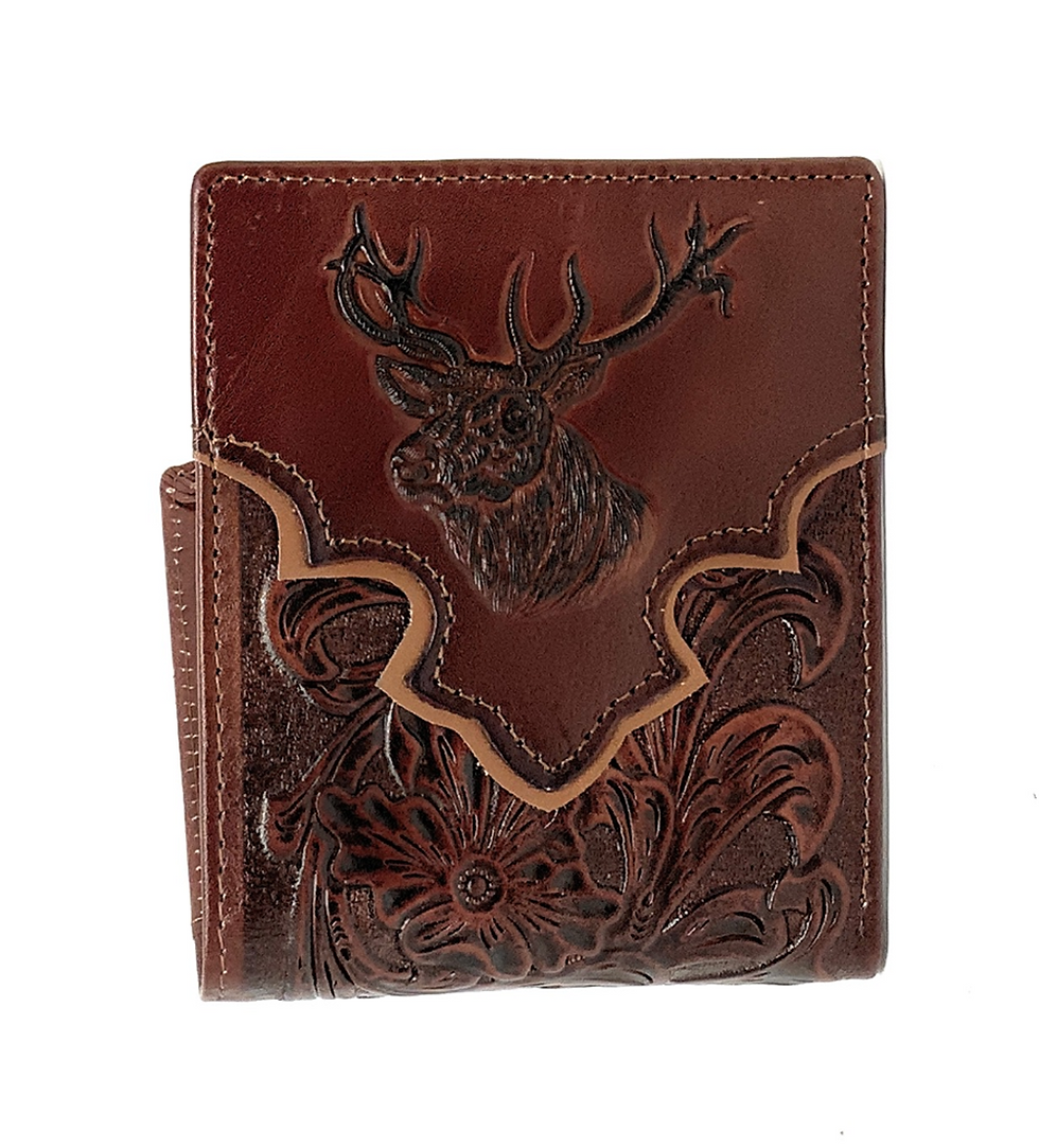 Thumbnail: Western Men's Genuine Leather Floral Tooled Laser Cut Deer Wallet in 6 colors